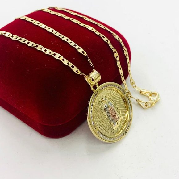 14K Gold Filled Virgen de Guadalupe Necklace Medalla Tres Oros 16" for Boy Girls - Picture 5 of 8
